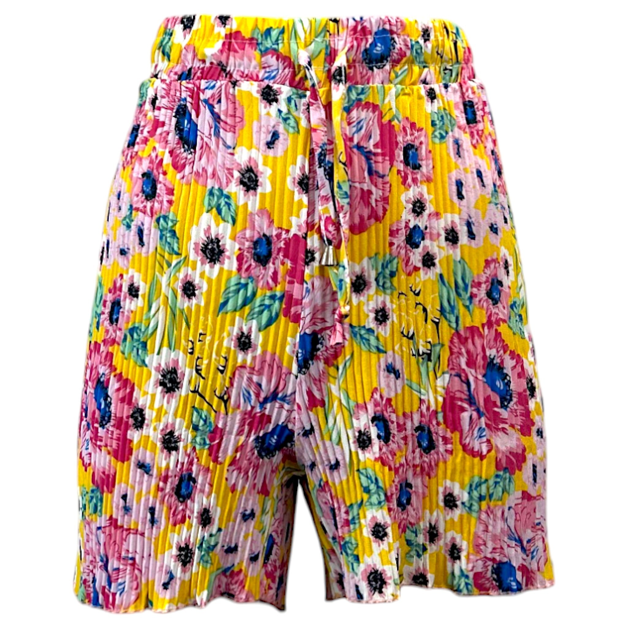 Women's pleated floral shorts with drawstring waist – bright yellow background featuring pink, blue, and white flower print